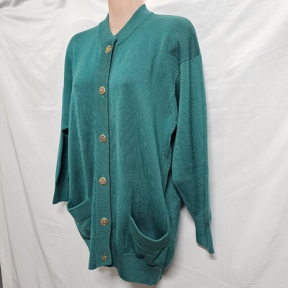 l. Magnin by Ballantyne Button Up Cardigan Sweater Women Size M Green Pure Wool - Picture 9 of 14